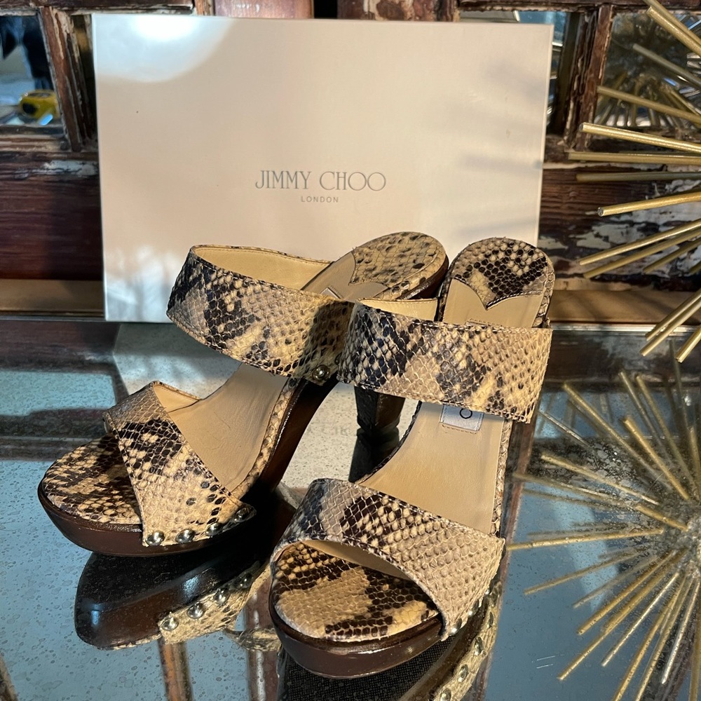 JIMMY CHOO sz 39 Ulrika platform snakeskin gold stud block wood heel. Never worn